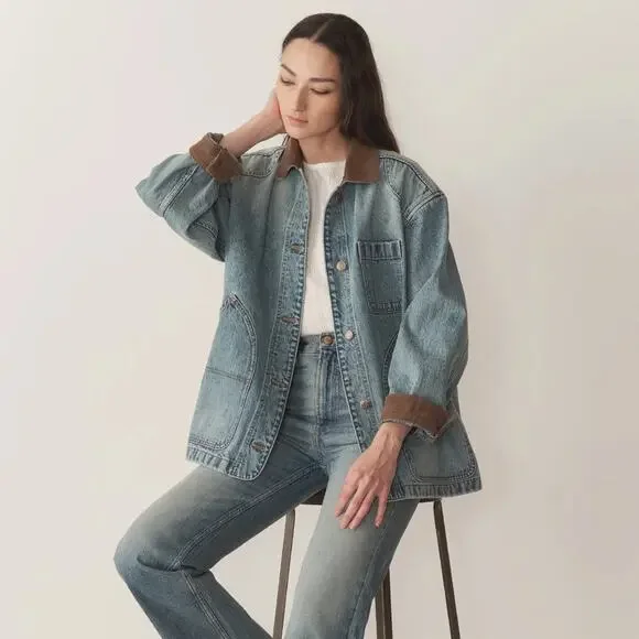 NWT Doen Pascual Cotton Denim Jean Corduroy Collar Barn Jacket Deveraux Wash - Picture 4 of 15